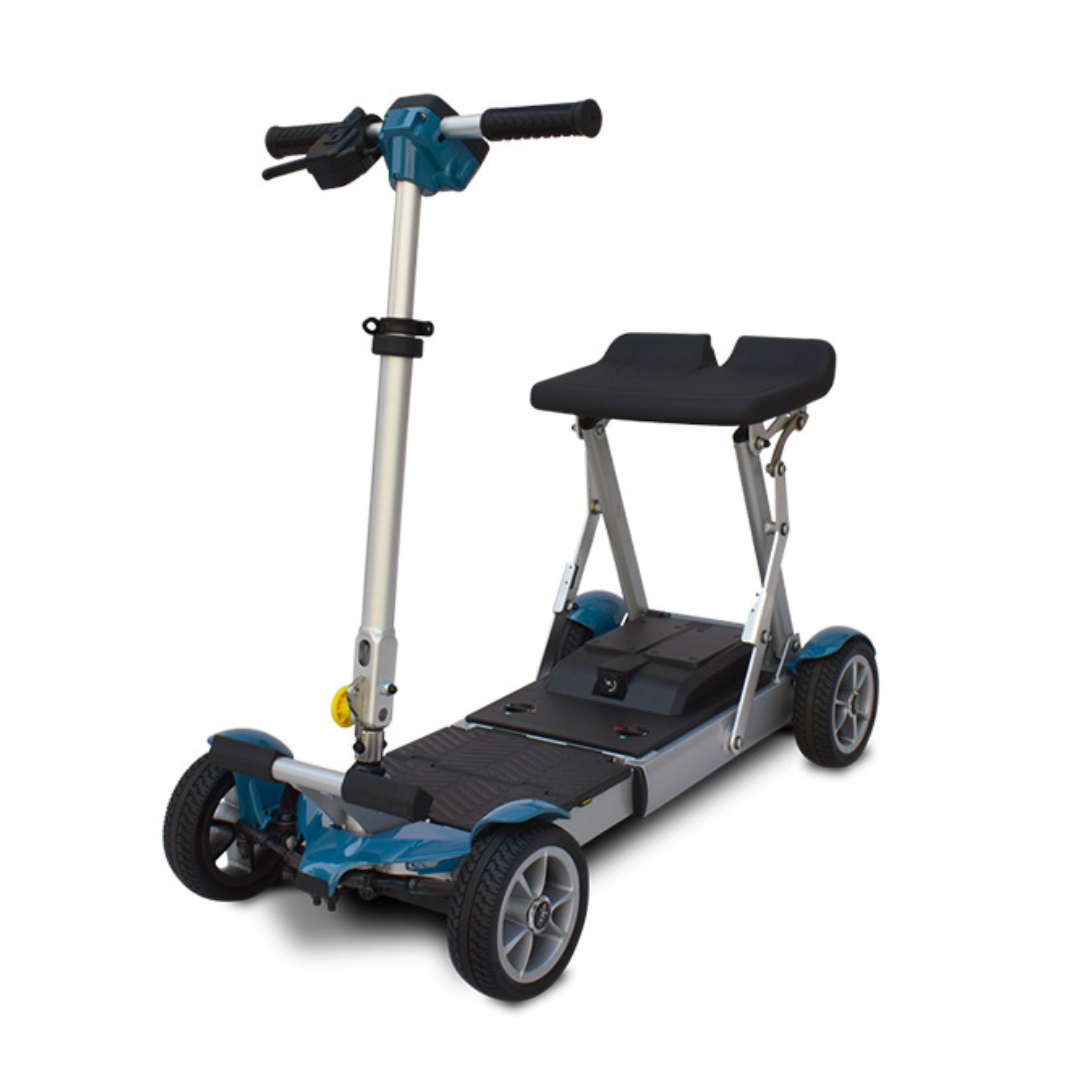 The EV Rider Gypsy Ultra Compact Airline Approved Scooter is a lightweight, foldable mobility scooter with a black padded seat, silver frame, and blue accents—ideal for travel and designed for easy transport and accessibility.
